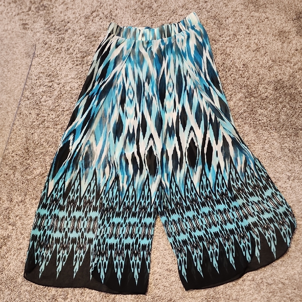 Blue and Black Patterned Wide-Leg Swim Cover-Up Pants